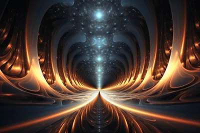 Abstract Fractal Tunnel With Glowing Golden Light