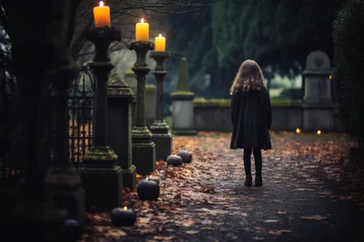 Young Girl Standing Alone In A Misty Graveyard