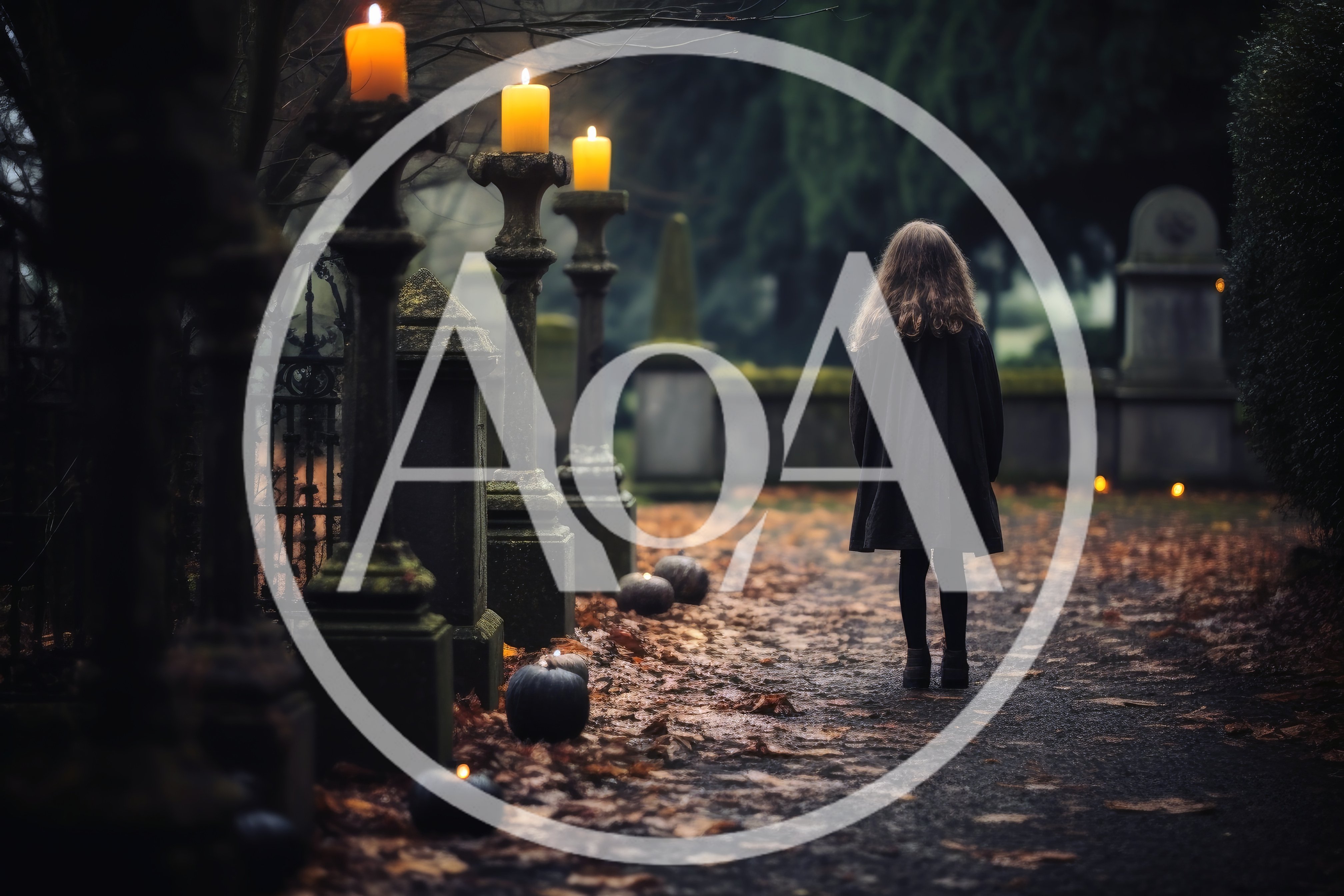 Young Girl Standing Alone In A Misty Graveyard