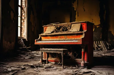 Abandoned Red Upright Piano In Dilapidated Room