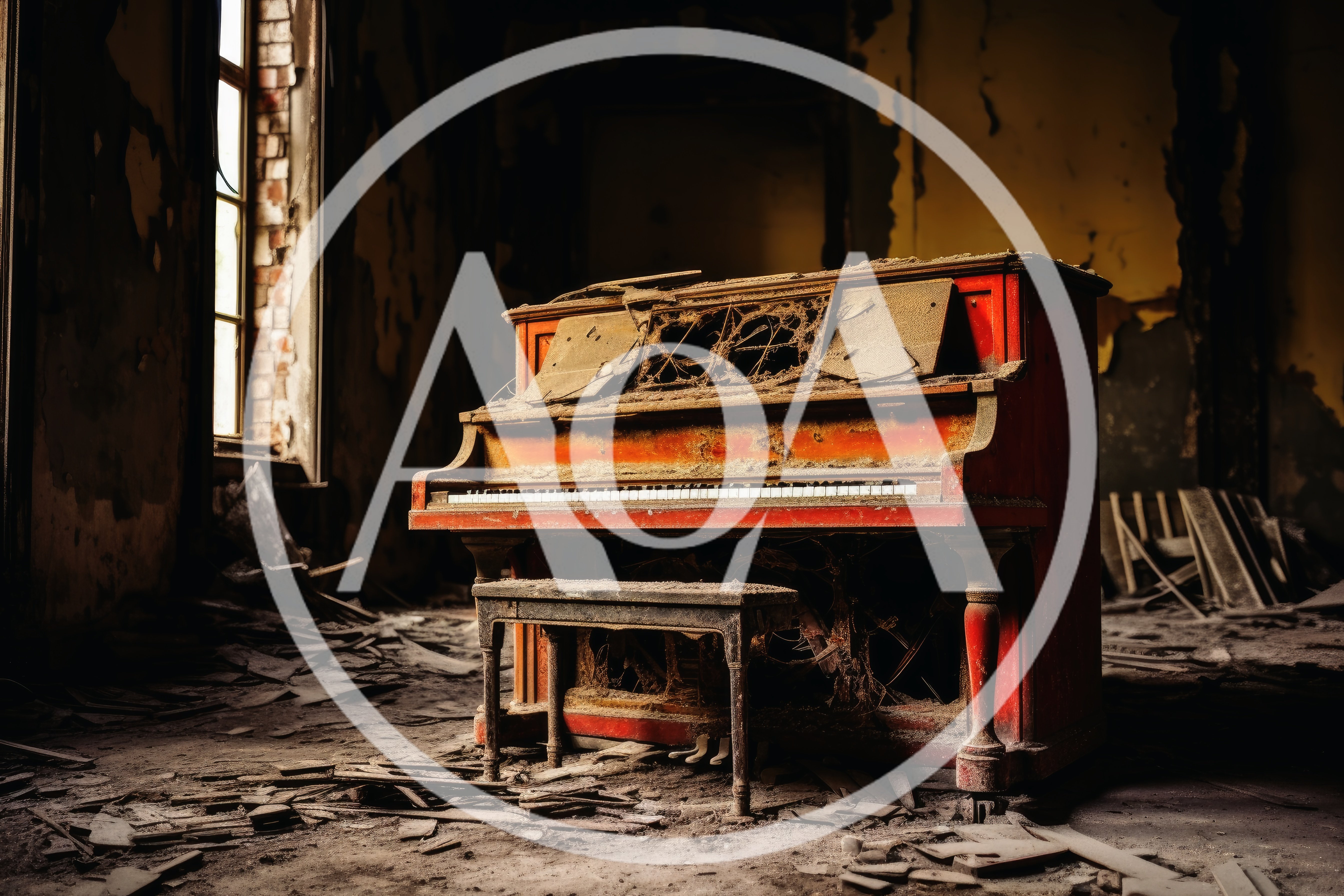 Abandoned Red Upright Piano In Dilapidated Room