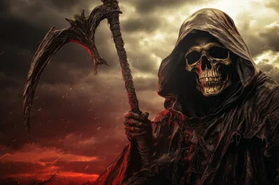 Grim Reaper Holding Scythe Under Dark Stormy Sky
