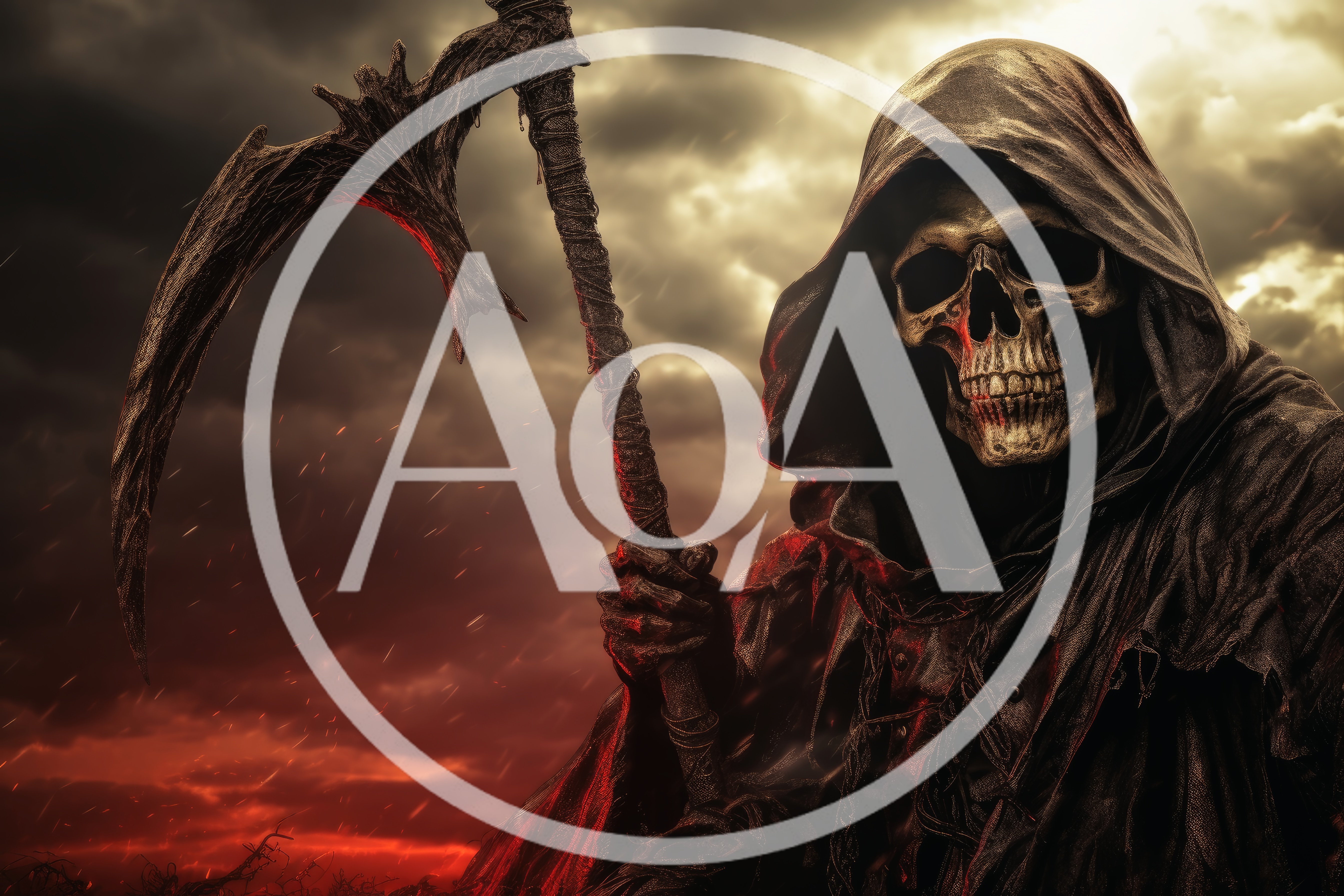 Grim Reaper Holding Scythe Under Dark Stormy Sky