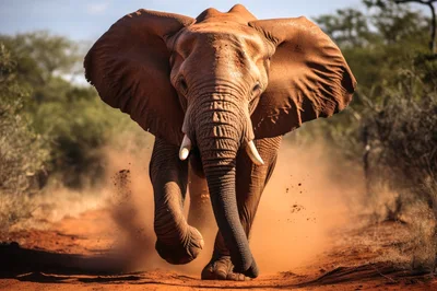African Elephant Charging Through Dusty Savannah Landscape