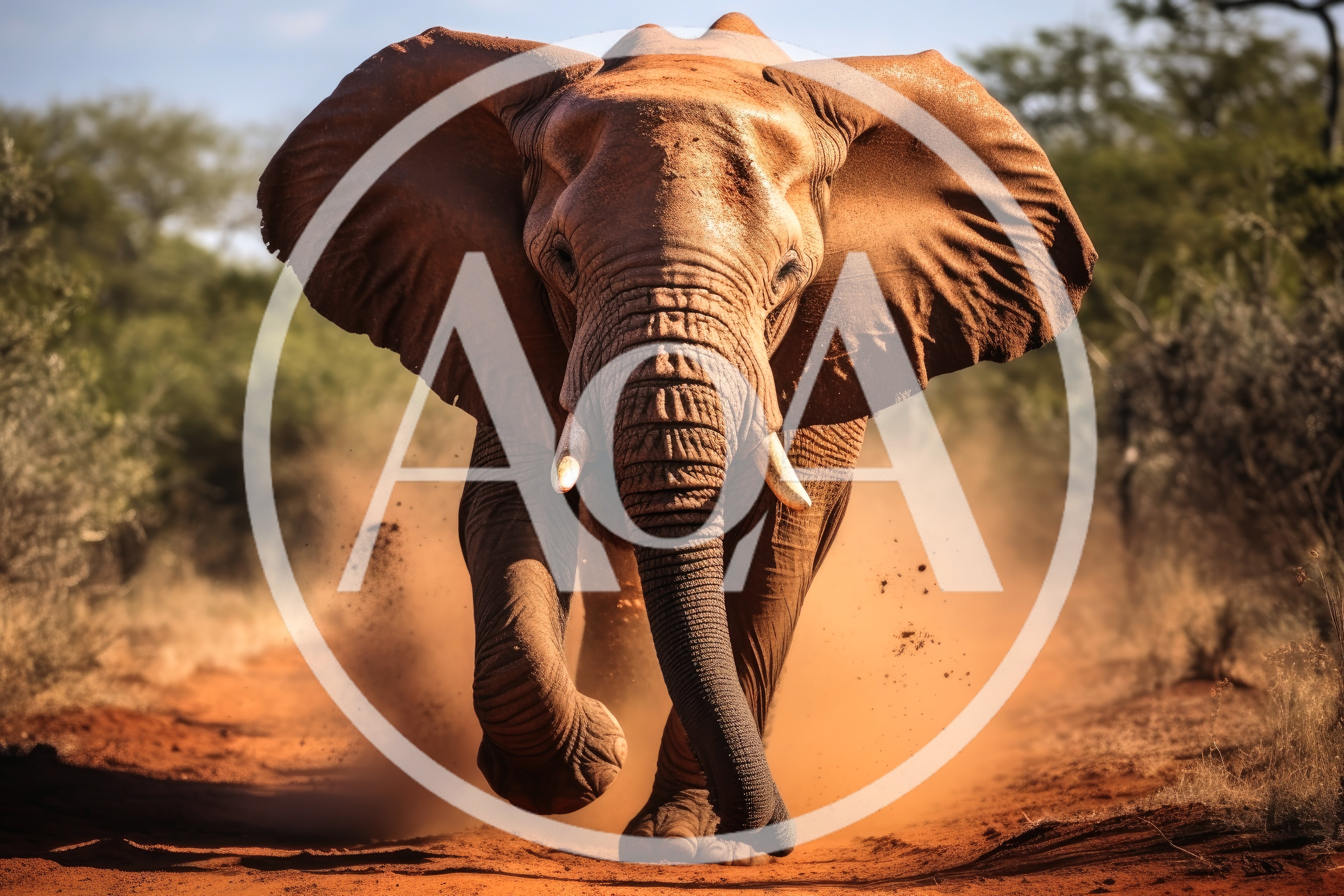 African Elephant Charging Through Dusty Savannah Landscape