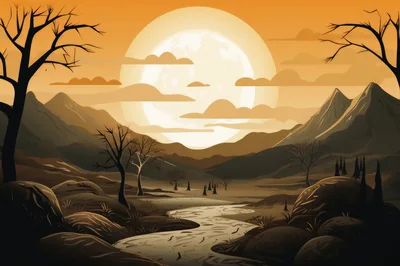 Stylized Landscape Illustration With Full Moon And Mountains