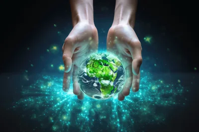Human Hands Holding A Glowing Digital Earth Globe