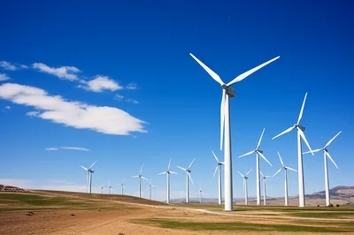 Wind Turbine Farm Under Clear Blue Sky