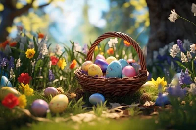 Easter Basket Filled With Colorful Eggs In Spring Garden