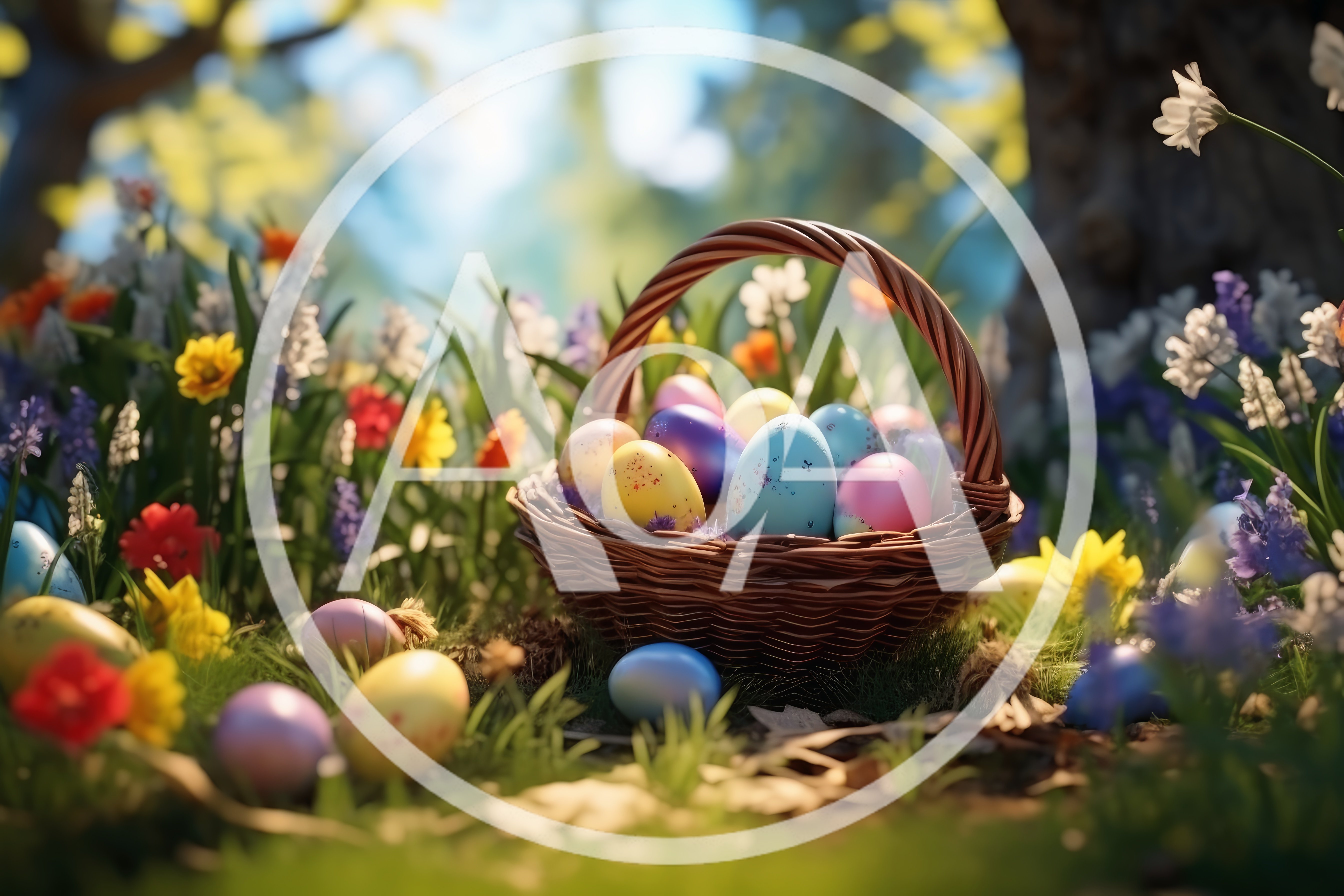 Easter Basket Filled With Colorful Eggs In Spring Garden