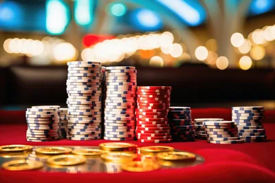 Stacks Of Casino Poker Chips On A Red Felt Table