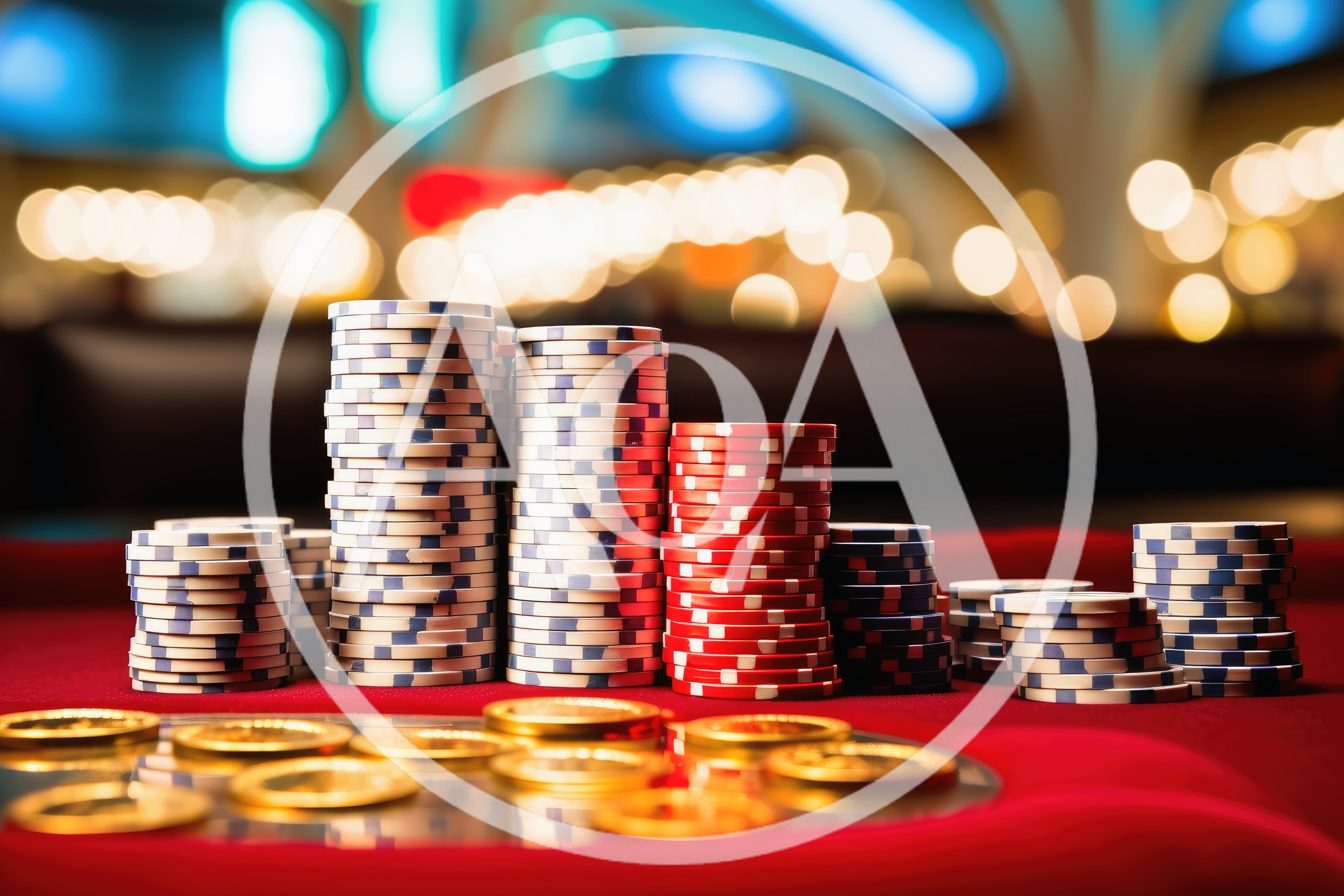 Stacks Of Casino Poker Chips On A Red Felt Table