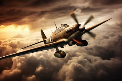 Vintage World War II Fighter Plane Flying Above Clouds