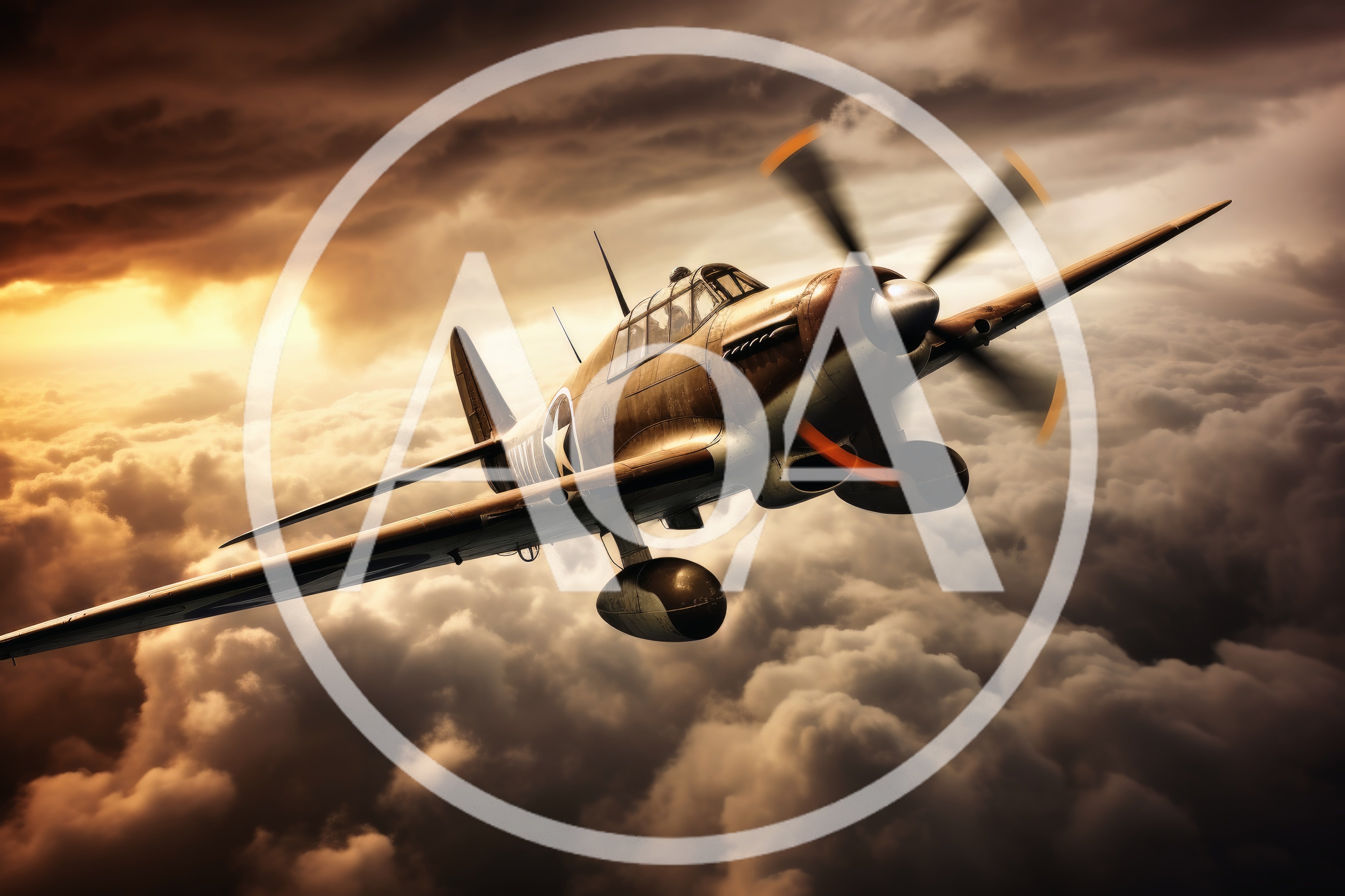Vintage World War II Fighter Plane Flying Above Clouds