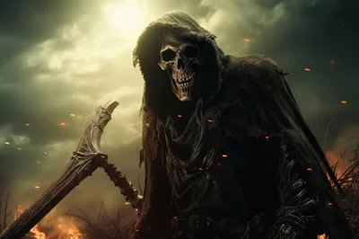 Grim Reaper Holding Scythe In Dark Fiery Landscape
