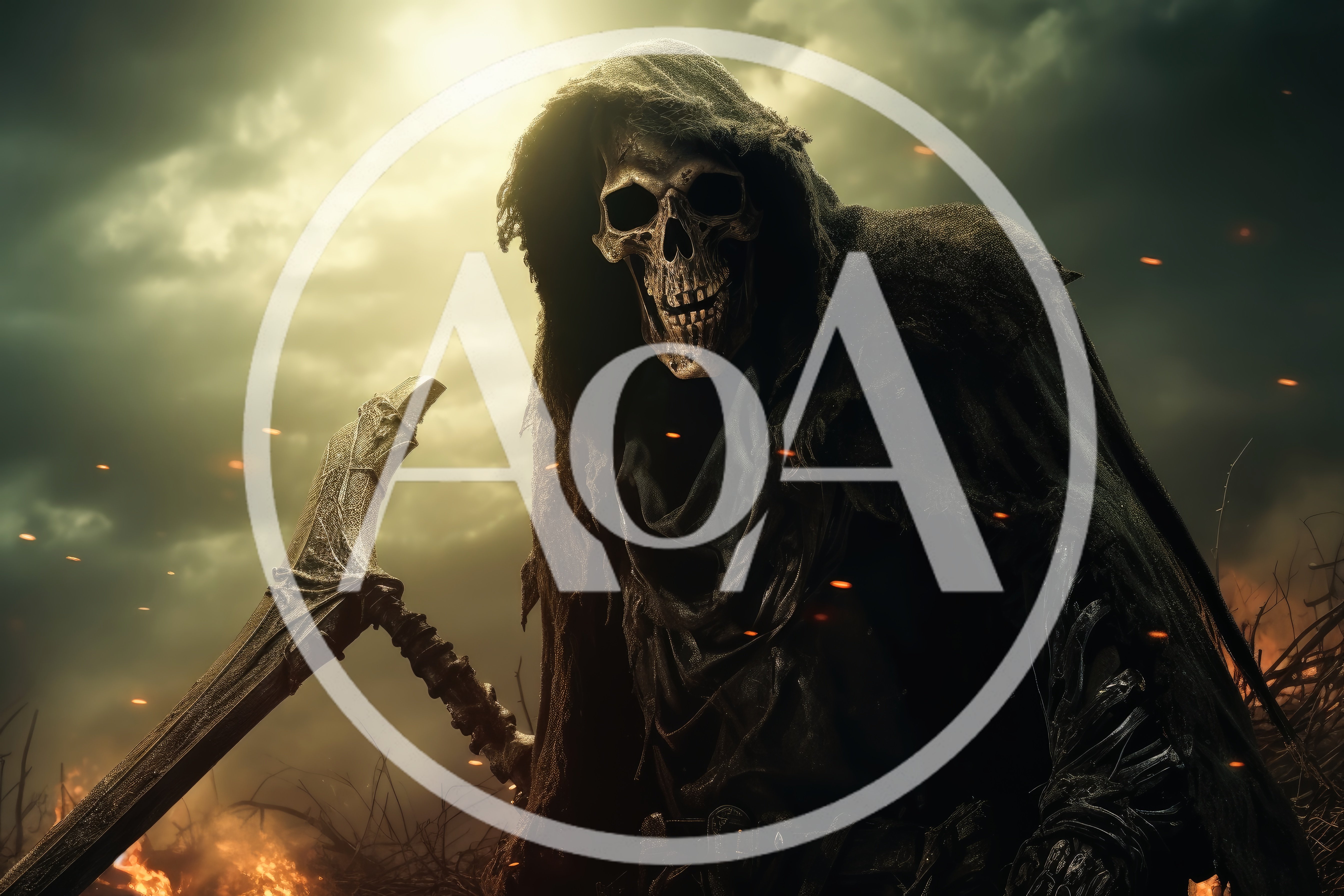 Grim Reaper Holding Scythe In Dark Fiery Landscape