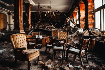 Ruined Interior Of A Destroyed Historic Restaurant