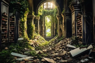 Abandoned Library Ruin Overgrown With Lush Green Vegetation