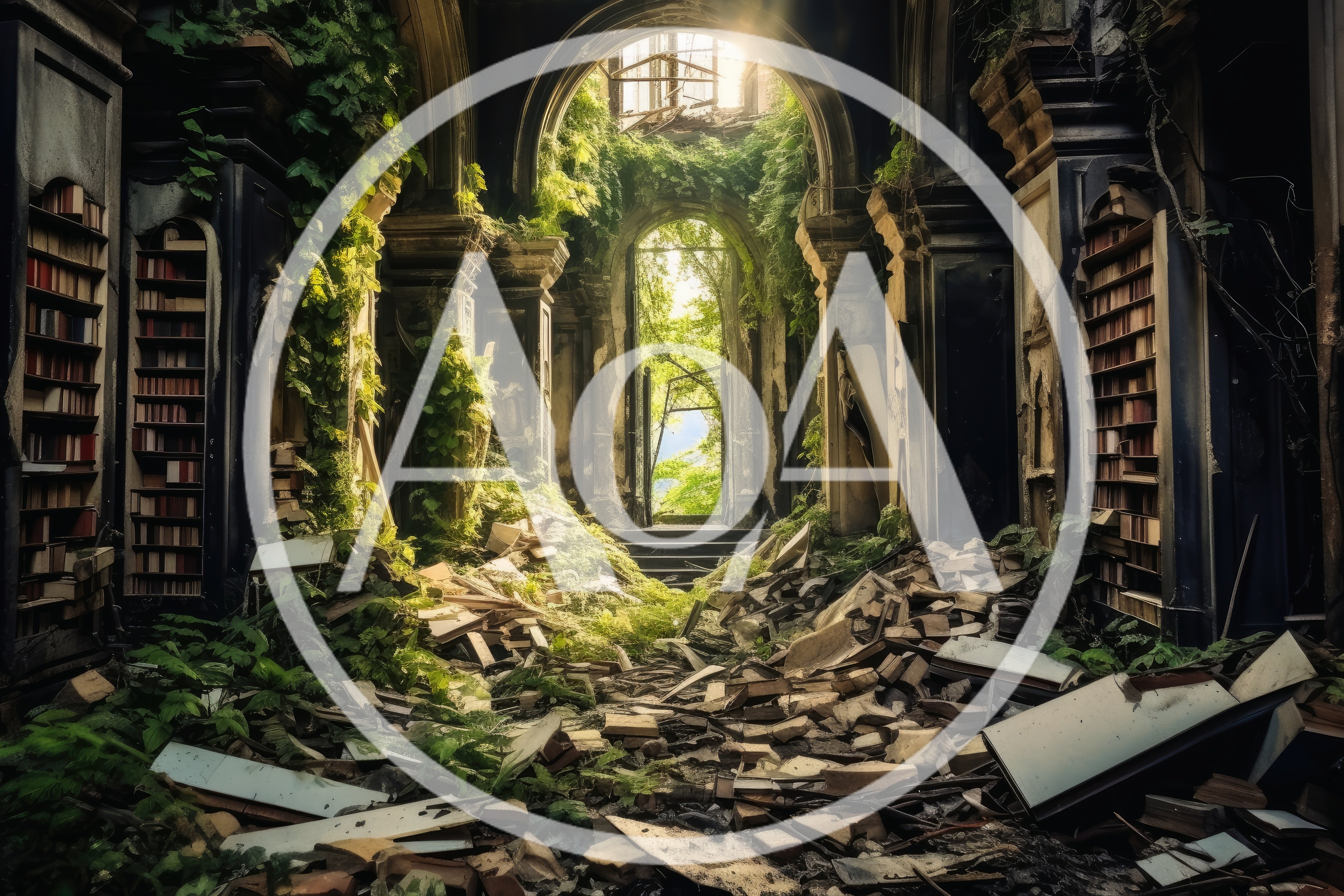 Abandoned Library Ruin Overgrown With Lush Green Vegetation