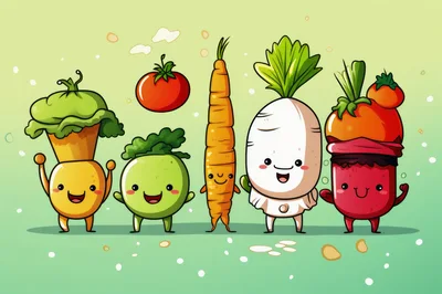 Cute Cartoon Vegetable Characters Standing Together
