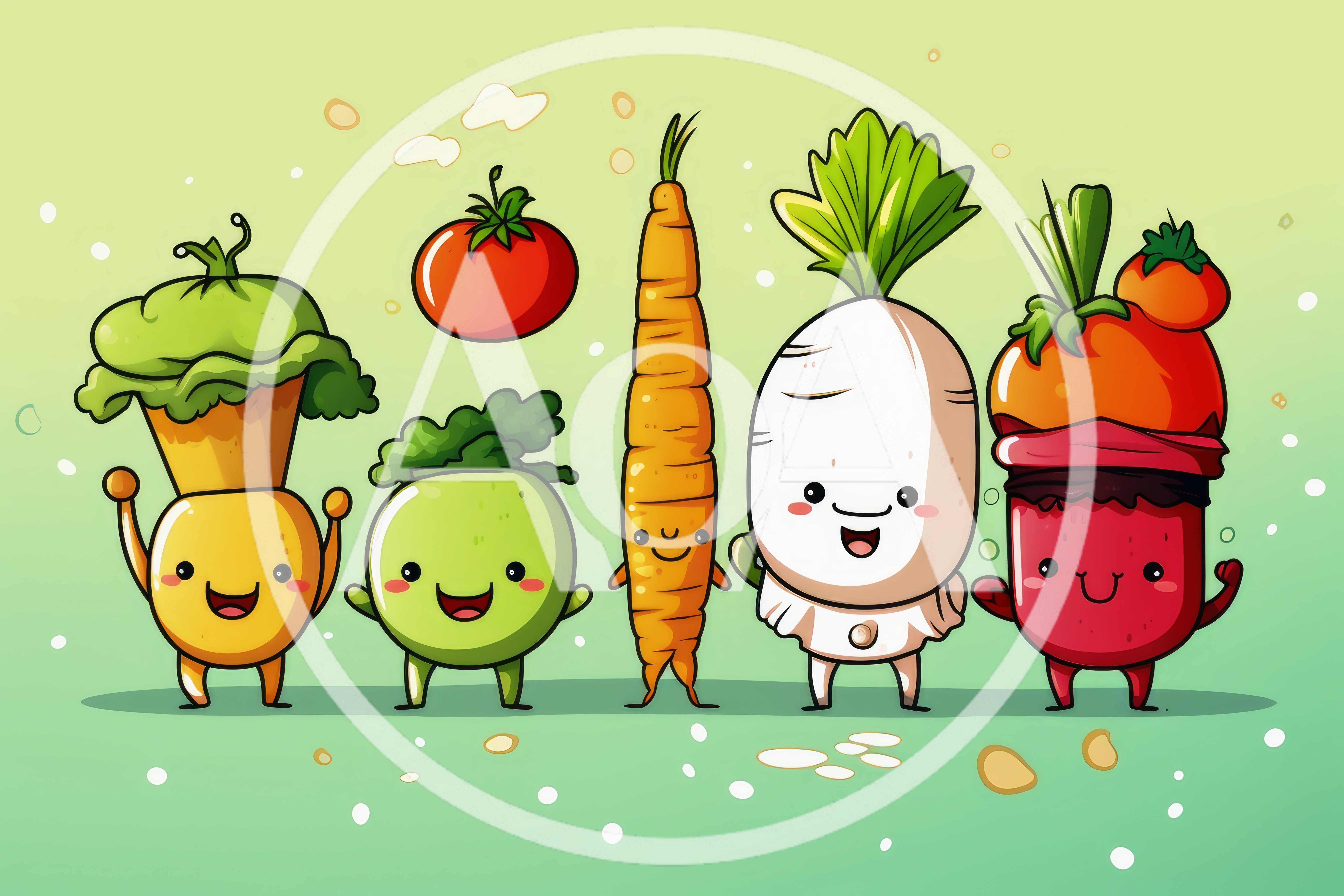 Cute Cartoon Vegetable Characters Standing Together