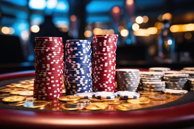 Stacks Of Casino Chips And Gold Coins On Table