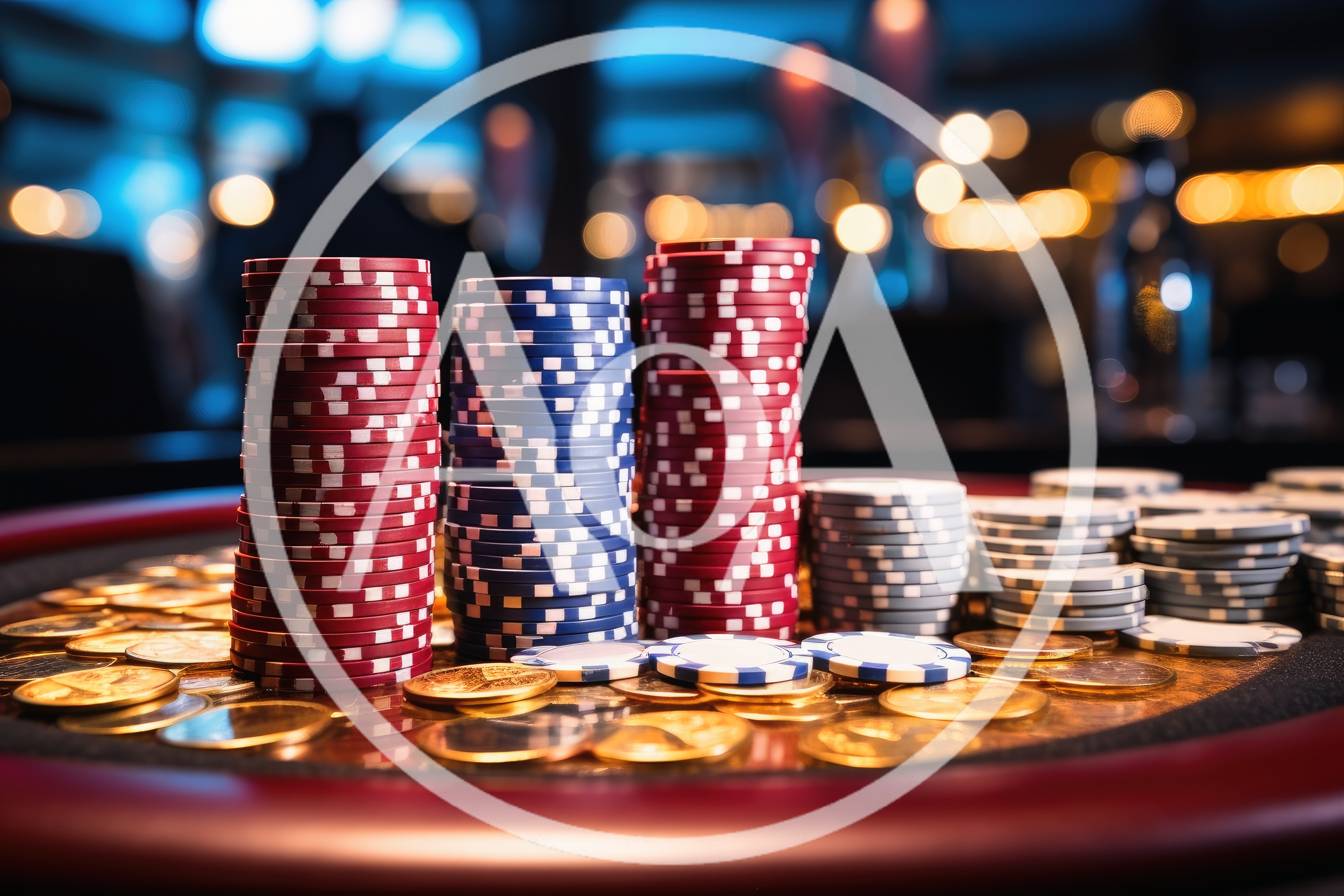 Stacks Of Casino Chips And Gold Coins On Table