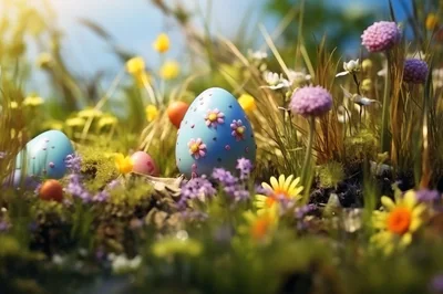 Easter Eggs Hidden Among Spring Flowers and Grass