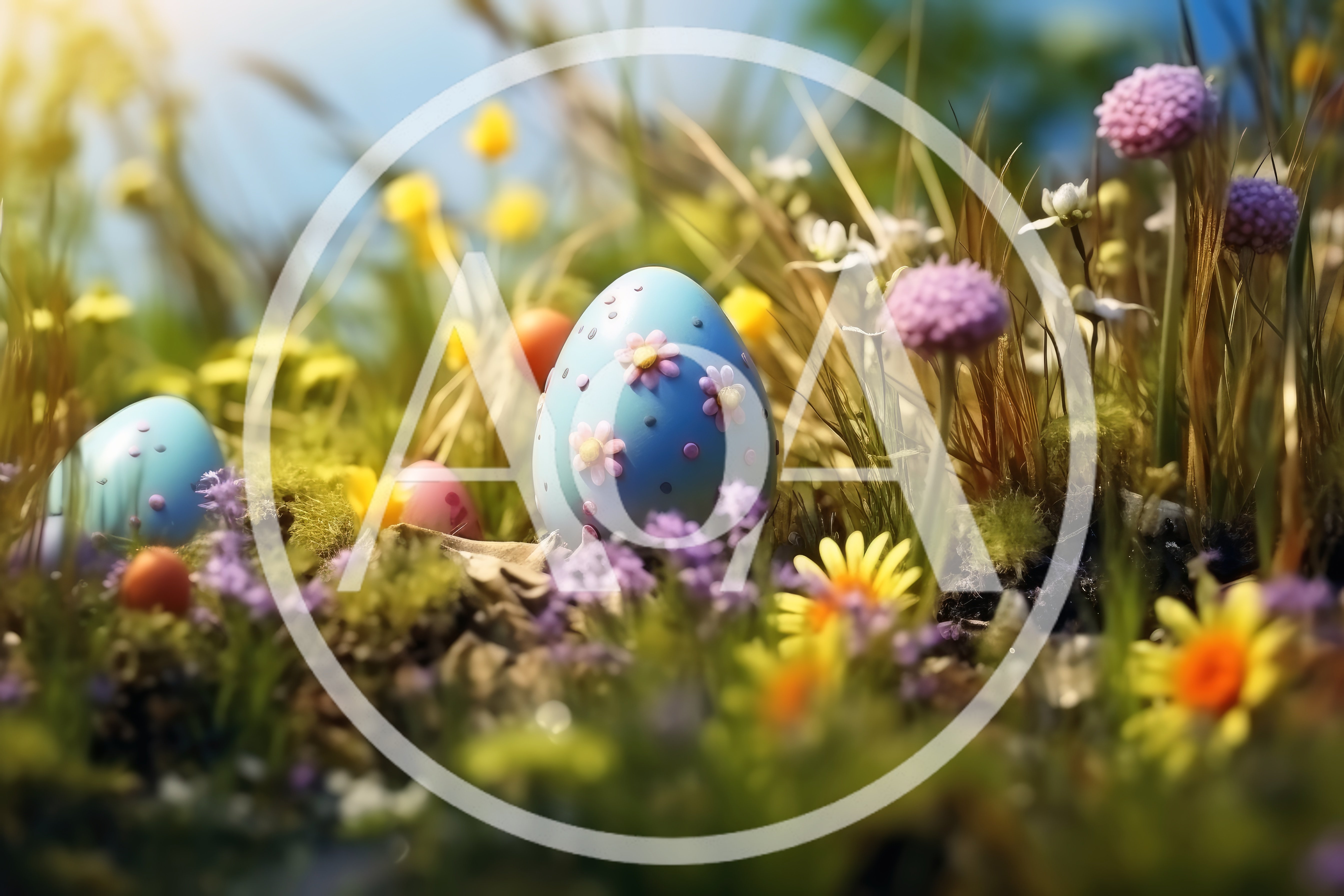 Easter Eggs Hidden Among Spring Flowers and Grass