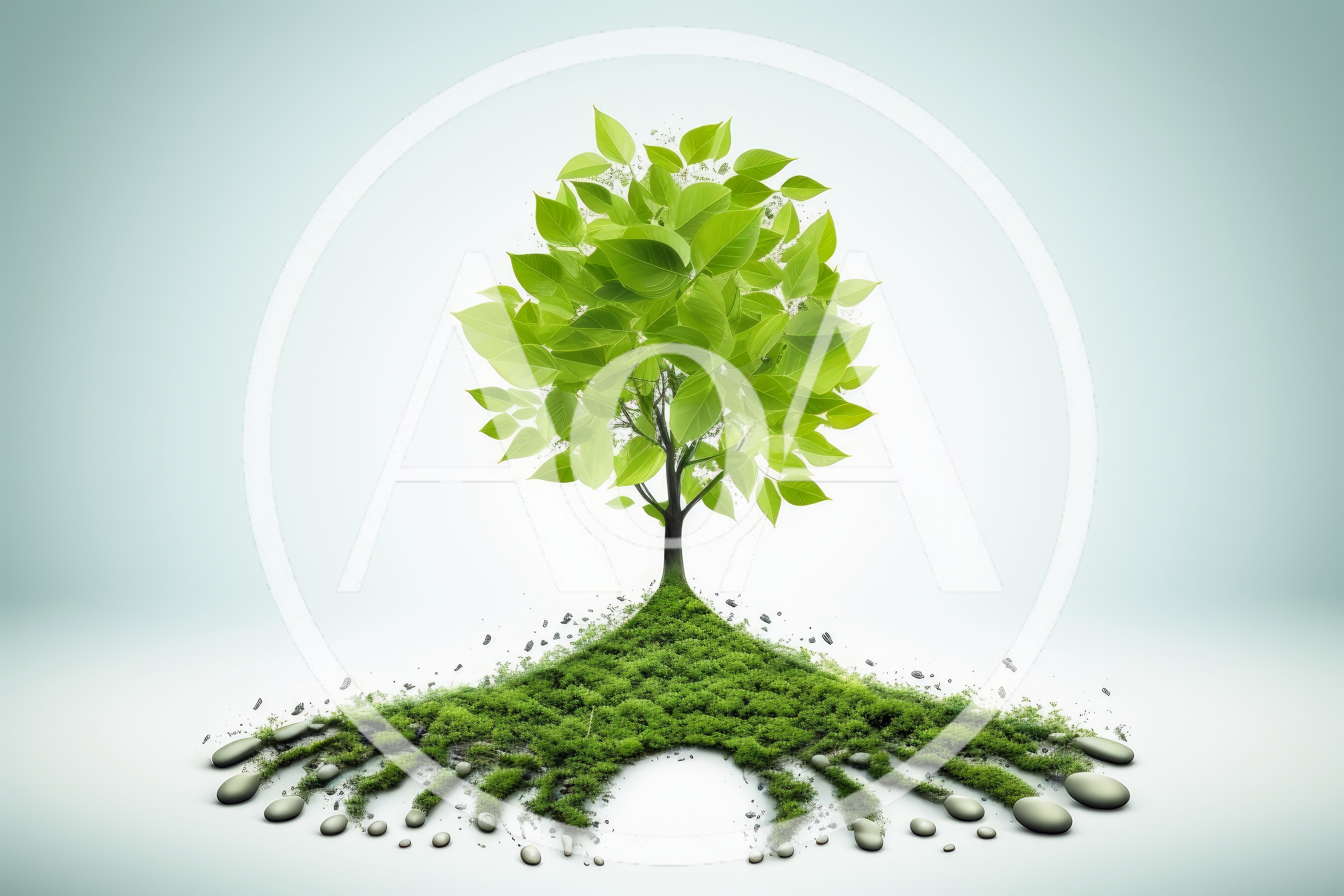Green Tree Growing From Mossy Ground With Stones