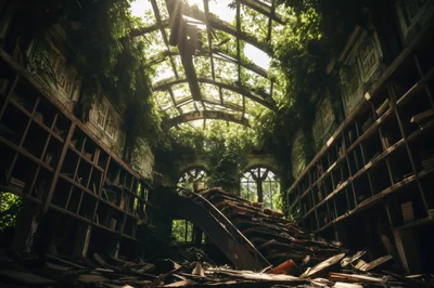 Abandoned Library Ruin Overgrown With Lush Green Vegetation