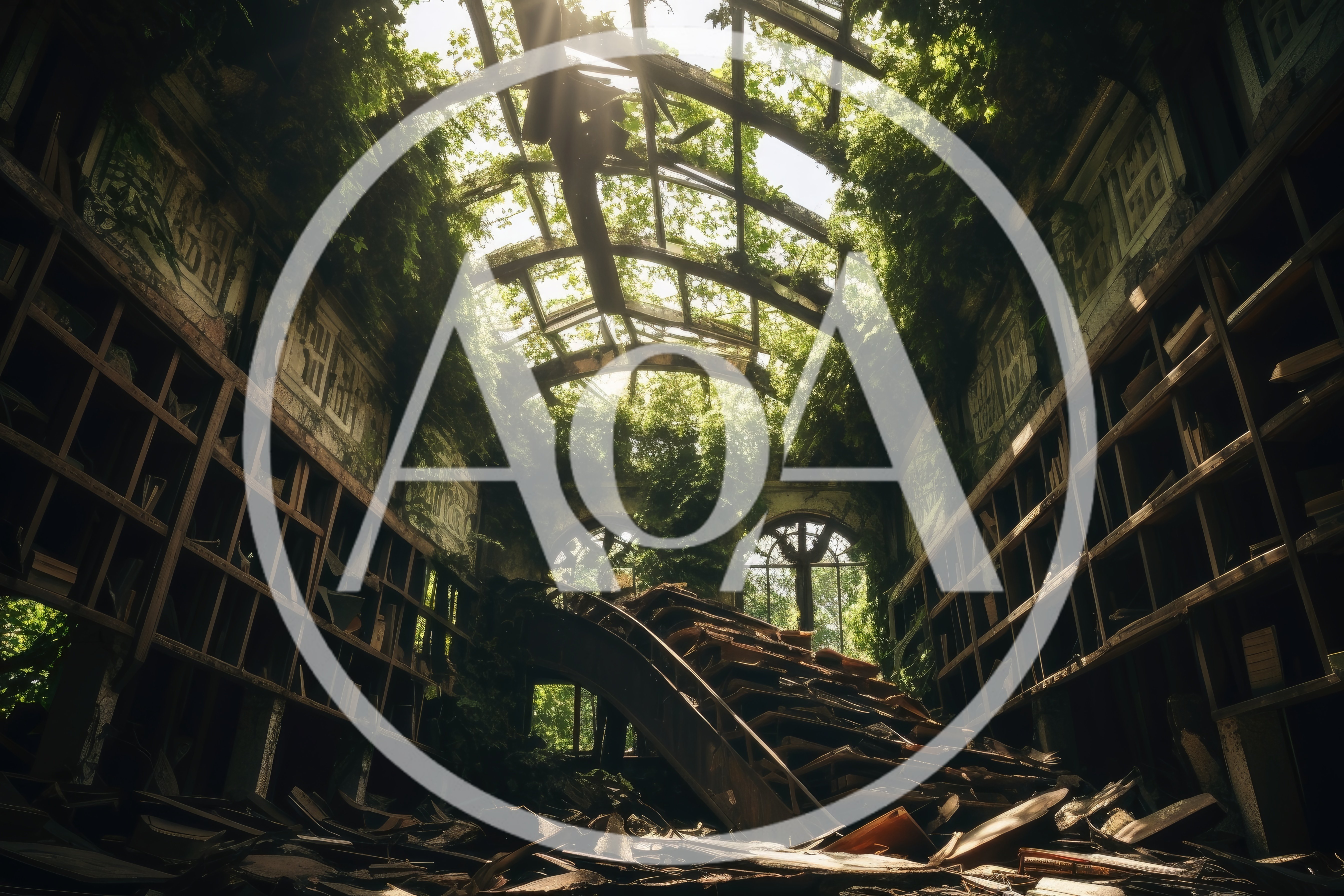 Abandoned Library Ruin Overgrown With Lush Green Vegetation