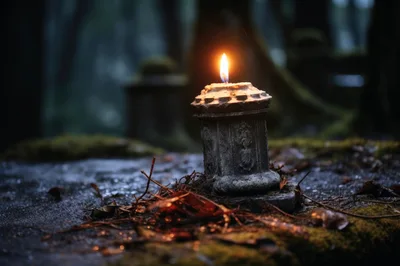 Lit Candle On Ancient Stone Grave Marker