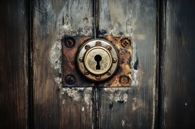 Antique Brass Keyhole On Weathered Wooden Door
