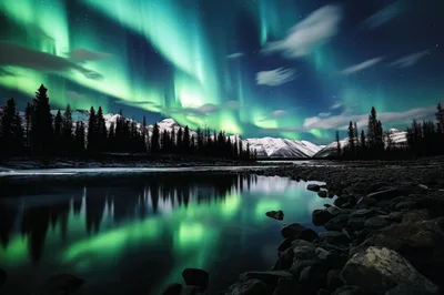 Aurora Borealis Over Snowy Mountain Lake Landscape