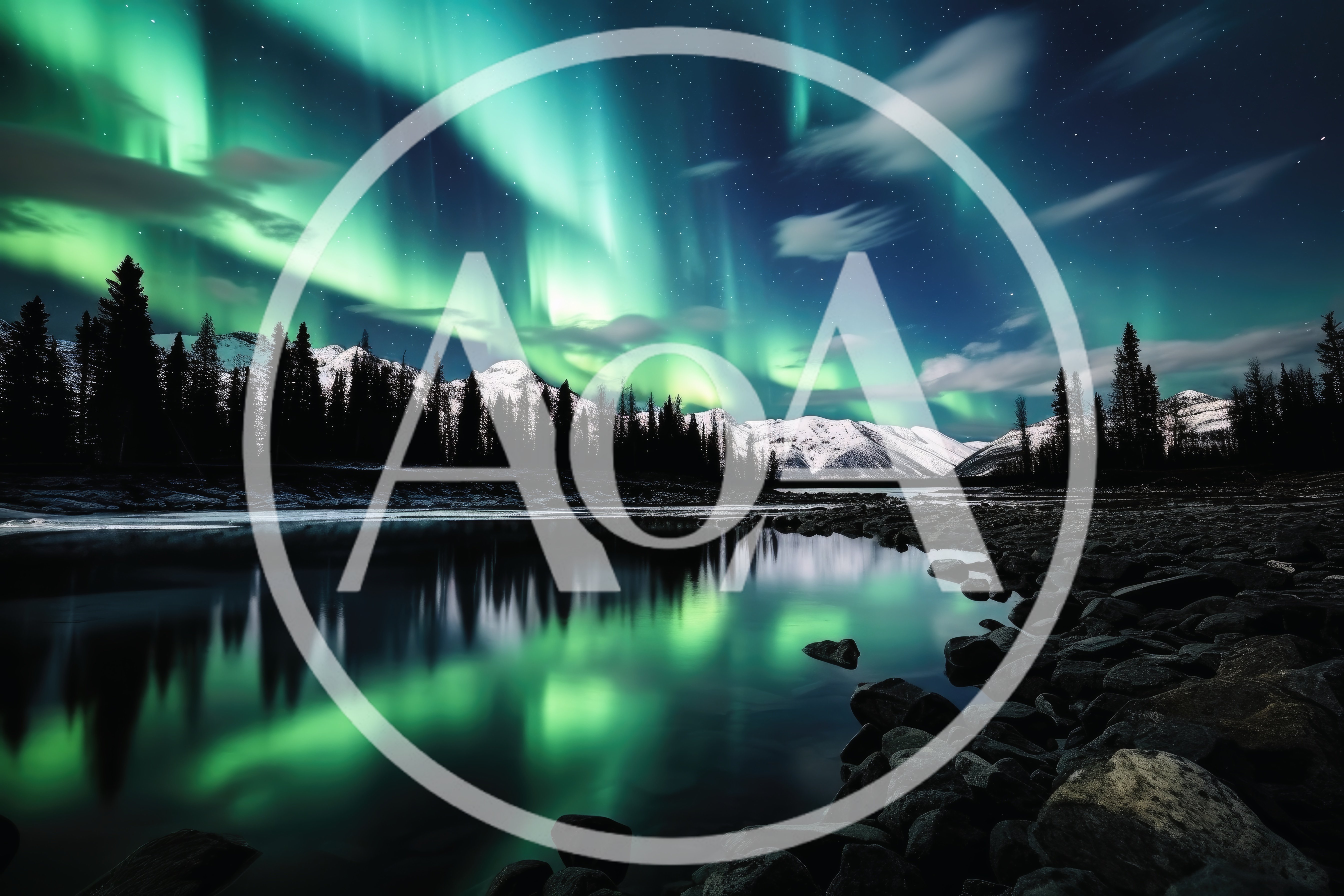 Aurora Borealis Over Snowy Mountain Lake Landscape