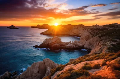 Stunning Sunset Over Rugged Coastal Cliffs And Ocean