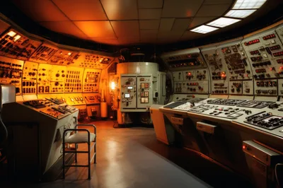 Retro Industrial Control Room With Glowing Instrumentation Panels
