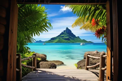 Tropical Island View From A Wooden Bungalow Deck