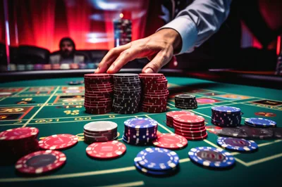 Croupier Placing Casino Chips on Roulette Table