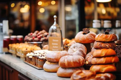 Freshly Baked Pastries Displayed In A Bakery Shop