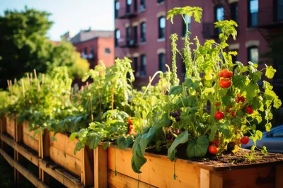 Urban Rooftop Garden With Fresh Vegetables In Wooden Planters
