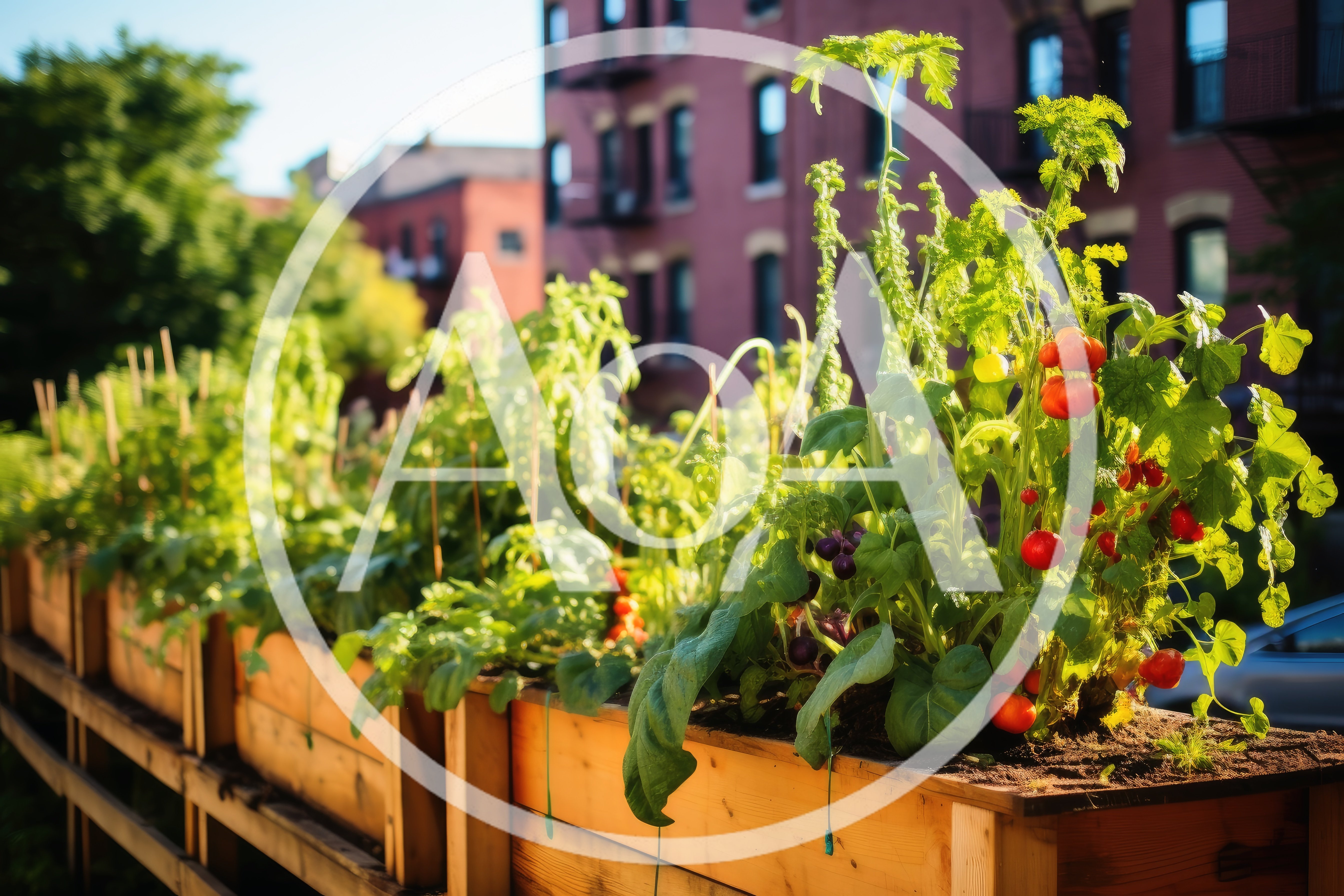 Urban Rooftop Garden With Fresh Vegetables In Wooden Planters