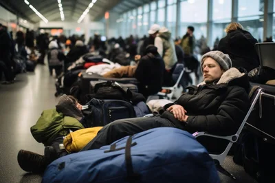 Exhausted Traveler Sleeping on Airport Terminal Chairs