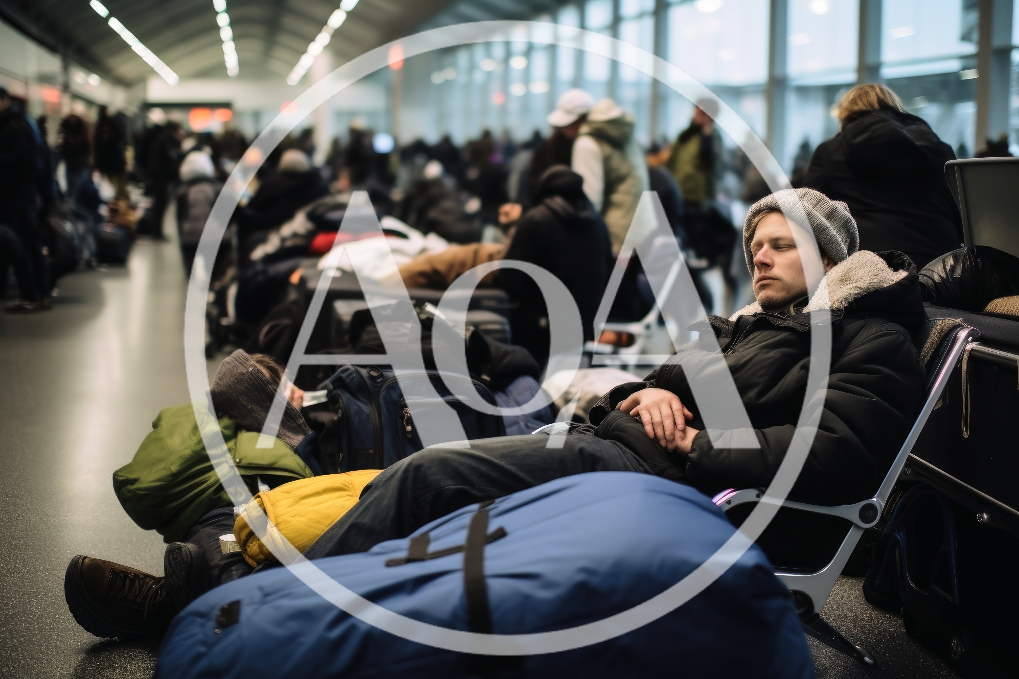 Exhausted Traveler Sleeping on Airport Terminal Chairs