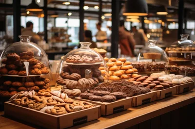 Assorted Pastries Displayed In A Modern Bakery