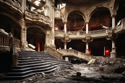 Ruined Grand Theater Interior With Collapsed Architecture