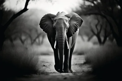 Majestic African Elephant Walking Through A Misty Forest