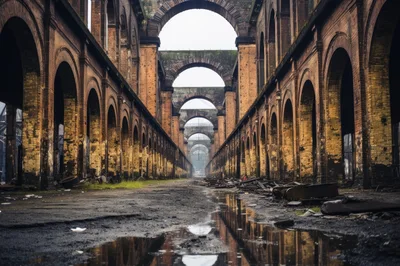 Abandoned Industrial Brick Archway Corridor With Puddles