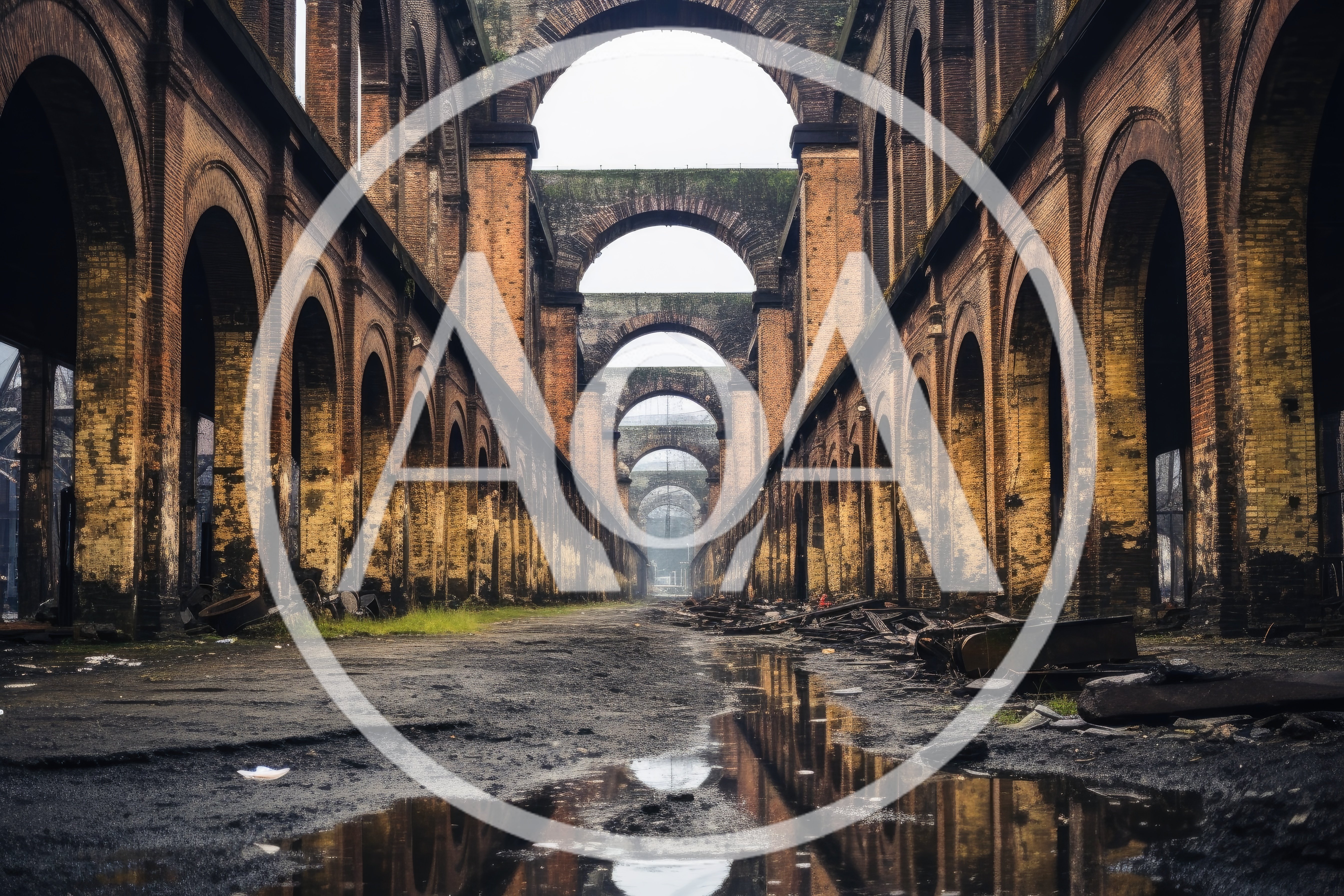 Abandoned Industrial Brick Archway Corridor With Puddles